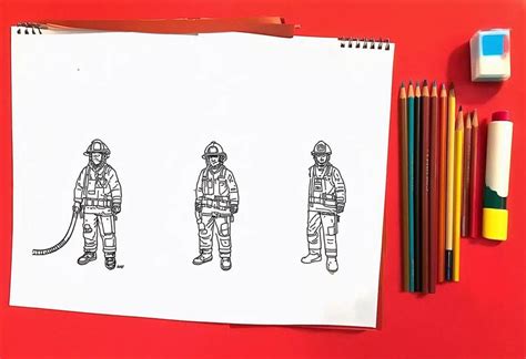 schematyczny szkic postaci strażaka w ruchu z zaznaczonym wężem strażackim