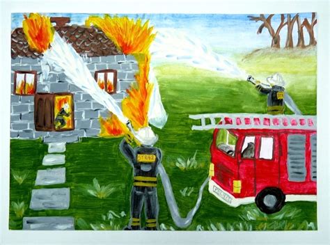 kolorowy rysunek strażaka gaszącego pożar przy czerwonym wozie strażackim