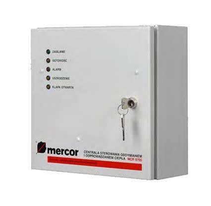 Zdjęcie: Centrala sterująca Mercor MCR 9705-5A z otwartą obudową, widoczne obwody elektroniczne i akumulatory.