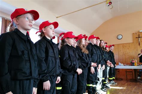 Zdjęcie przedstawiające ceremonię ślubowania Młodzieżowej i Dziecięcej Drużyny Pożarniczej w Dobromierzu na tle sztandaru
