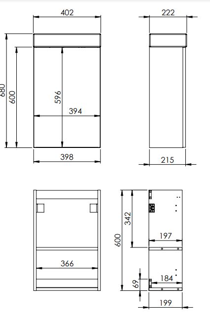 rysunek techniczny szafki hydrantowej DN52 z widoczną głębokością 180 mm