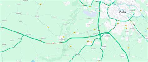 Mapa z zaznaczonymi obszarami korków na autostradzie A4