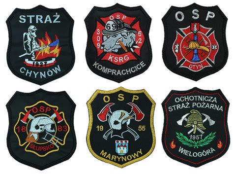 Zestaw naszywek strażackich: logo jednostki, miejscownik, imiennik