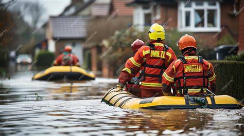 Thematic photo showing firefighters working together during a flood.