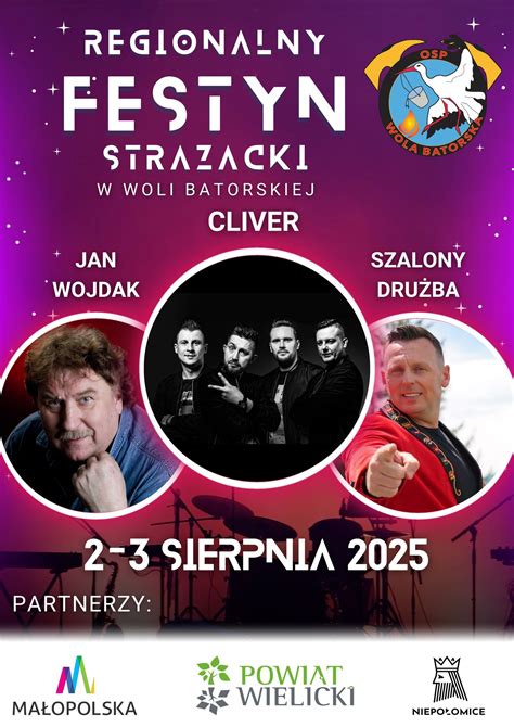 Infografika przedstawiająca program festynu strażackiego w Woli Batorskiej z datami 2-3 sierpnia 2025