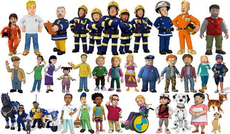 Infographics showing main characters of Fireman Sam: Sam, Elvis, Penny, Trevor, Commander Steele, Norman, Mandy, Sarah & James