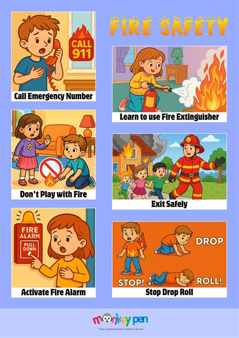 Educational infographic on fire safety for children, inspired by Fireman Sam