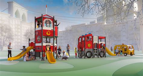 Thematic playground with a fire station design
