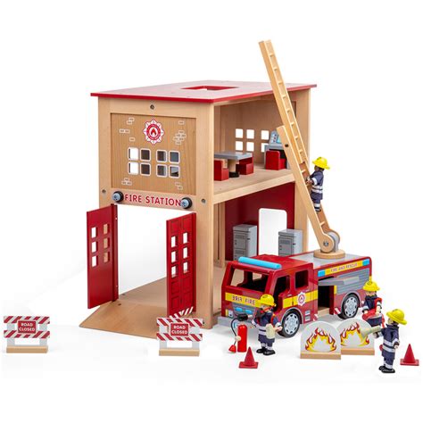 Wooden fire station toy with miniature accessories