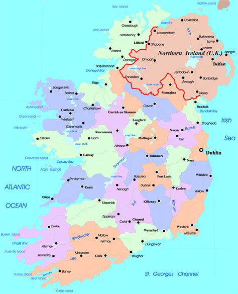 Mapa Irlandii z zaznaczonymi lokalizacjami historycznych znaków