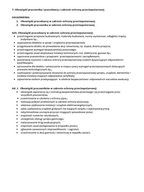 Schemat przedstawiający główne obowiązki pracodawcy w zakresie ochrony przeciwpożarowej