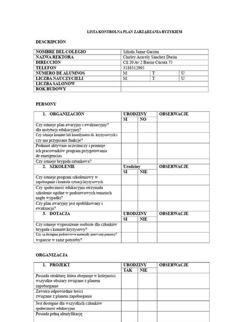 lista kontrolna elementów planu zarządzania kryzysowego