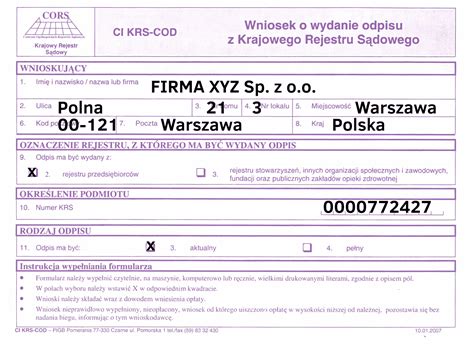 Przykładowy fragment odpisu z KRS z zaznaczonymi danymi teleadresowymi i organem reprezentującym.