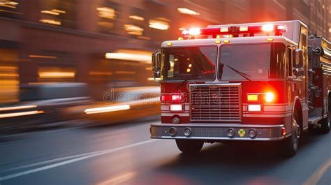 Thematic photo of a modern fire truck speeding with lights and sirens on urban road