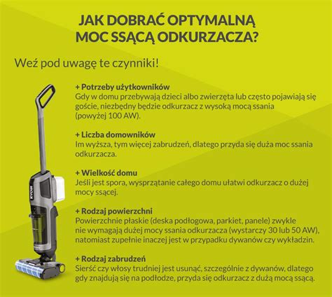 Infografika przedstawiająca zasięg pracy odkurzacza (9 metrów) oraz optymalną regulację mocy ssania