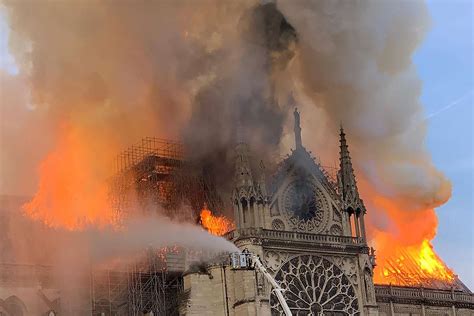 Thematic photo of Notre Dame Cathedral on fire with smoke and flames rising from the roof