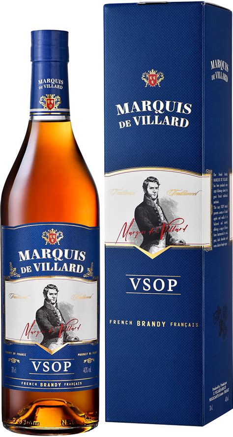 Zdjęcie butelki brandy Marquis de Villard VSOP w kształcie walca drogowego z cysterną