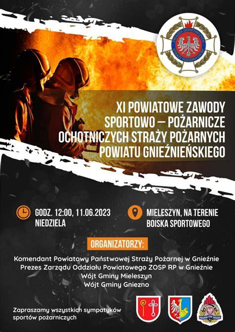 Plakat zapraszający na Powiatowe Zawody Sportowo-Pożarnicze OSP w Liskowie, z widocznymi datą, miejscem i logo organizatorów