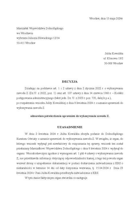 Przykład wypełnionej decyzji KDR (dokument)