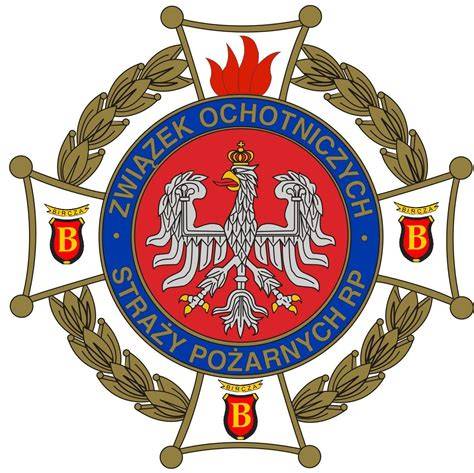 Znak OSP, strażacy podczas ćwiczeń gaśniczych