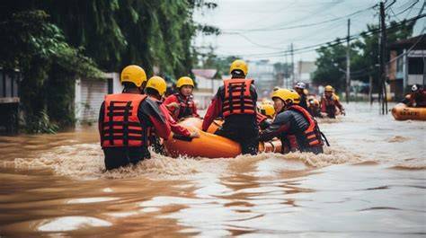 Thematic photo of firefighters using a submersible pump during a flood rescue operation