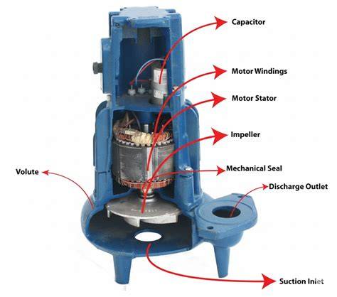 Infographic showing the internal components of a submersible pump with labels