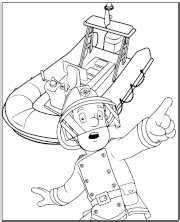 Ilustracja przedstawiająca Strażaka Sama z wozem strażackim Jupiter i mieszkańcami Pontypandy