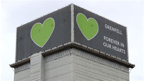 Zdjęcie przedstawiające bliskich ofiar pożaru Grenfell Tower przed tablicą upamiętniającą 72 osoby, które zginęły. (Relatives of Grenfell Tower fire victims standing in front of a memorial board with photos of the 72 victims.)