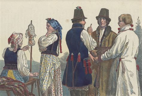 Historyczne rysunki przedstawiające strażaków w strojach z XVIII wieku, z futrzanymi kapeluszami i skórzanymi kurtkami.