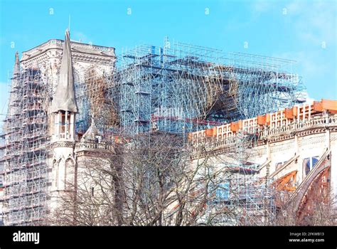 The Notre-Dame Cathedral during reconstruction with scaffolding