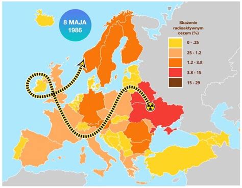 Mapa rozprzestrzeniania się radioaktywnej chmury i skażenia państw europejskich radioaktywnym cezem
