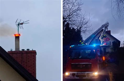 strażacy gaszą pożar sadzy w kominie