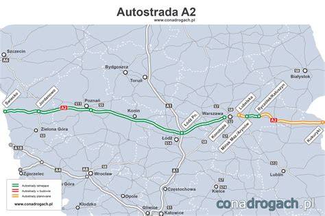 Mapa autostrady A2 z zaznaczonymi miejscami zdarzeń pożarowych