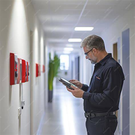 Thematic photo of a person checking a fire alarm in a modern apartment