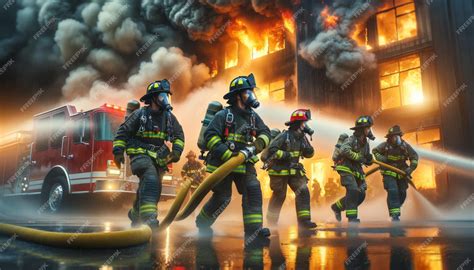 Photo of a burning building with firefighters working
