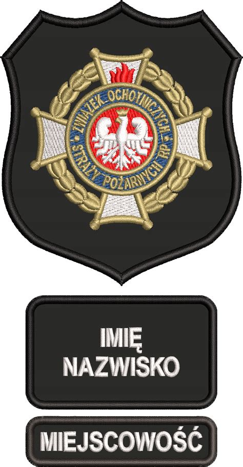 Zestawienie różnorodnych naszywek OSP, w tym naramiennych, imienników i dystynkcji
