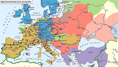 Mapa średniowiecznej Europy z zaznaczonymi stolicami papieskimi w Rzymie i Awinionie
