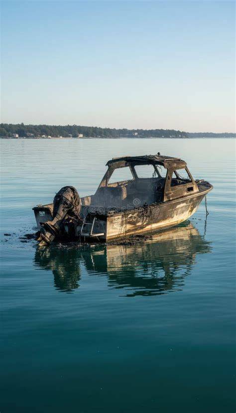 Photo of a burnt motorboat on a lake