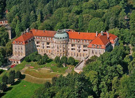 Widok panoramiczny na uzdrowisko Szczawno-Zdrój w otoczeniu zielonych wzgórz