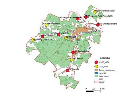 Mapa powiatu skarżyskiego z zaznaczonymi lokalizacjami jednostek OSP i PSP