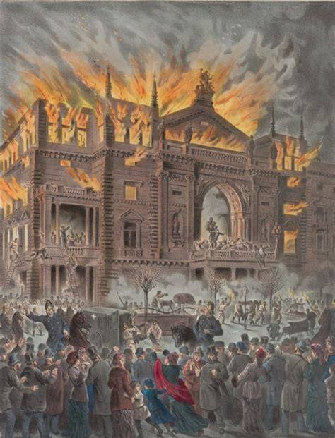 rycina przedstawiająca pożar Ringtheater w Wiedniu 1881