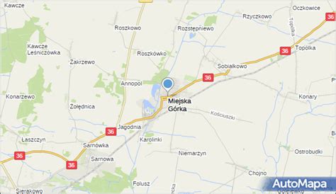 Mapa demograficzna gminy Miejska Górka z zaznaczonymi miejscowościami o najwyższej i najniższej liczbie ludności