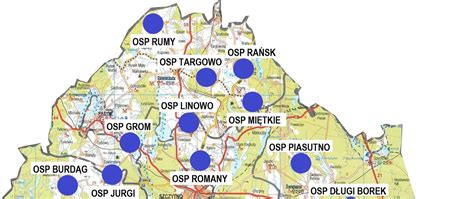 mapa zasięgu operacyjnego jednostek OSP KSRG z zaznaczonymi strefami czasów dojazdu
