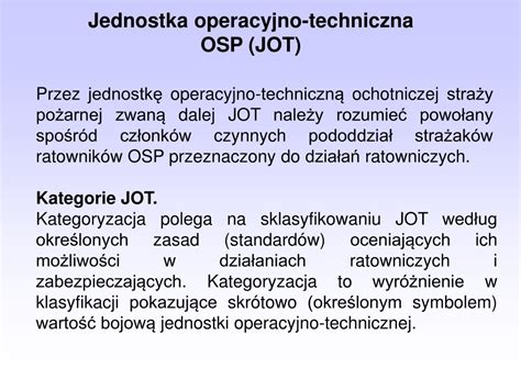 Infografika przedstawiająca kategorie Jednostek Operacyjno-Technicznych (JOT) w OSP i ich specyfikę.