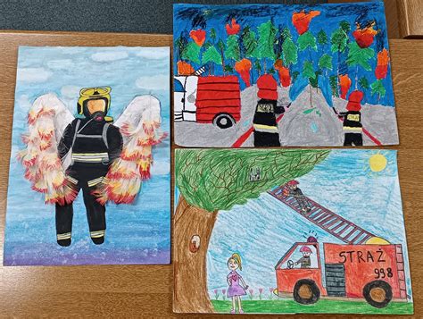 Prace plastyczne dzieci przedstawiające strażaków i akcje ratownicze