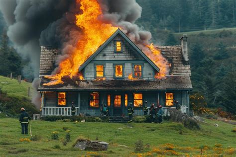 Firefighters fighting a large wooden house fire in a rural setting
