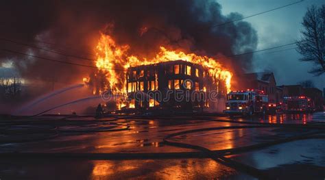 Thematic photo of a burning building at night, with firefighters on scene in Łódź.
