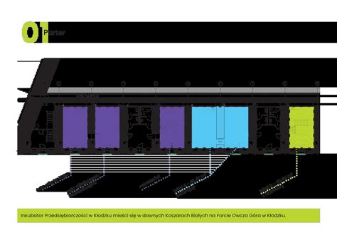 Infografika przedstawiająca rozkład pomieszczeń w Centrum Kultury i Bezpieczeństwa (garaż, sala, kuchnia, biblioteka)