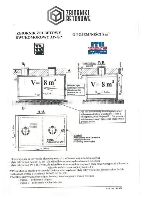 infografika przedstawiająca przekrój zbiornika przeciwpożarowego z kluczowymi wymiarami i elementami