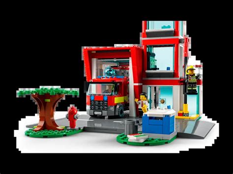 Detailed photo of LEGO City Fire Station (60320), showcasing its two-story building, vehicles, and minifigures